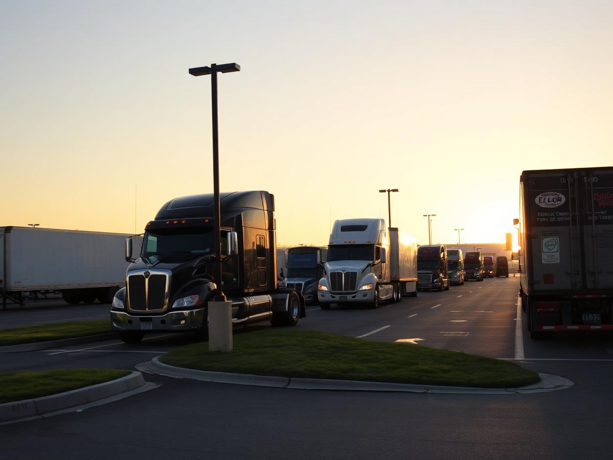 Trucks entering the Luxembourg Trucking lot at golden hour