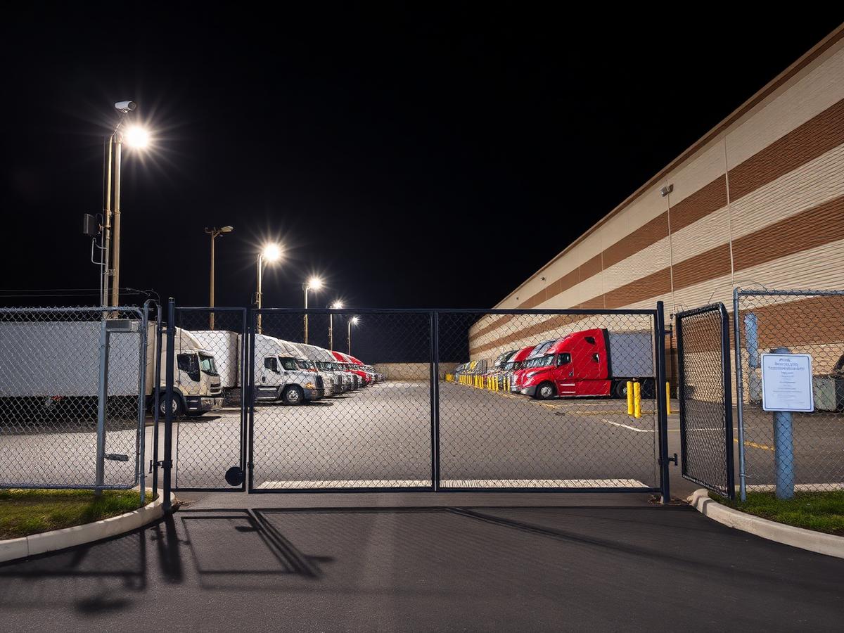 Gated entrance of the truck parking lot lit at night
