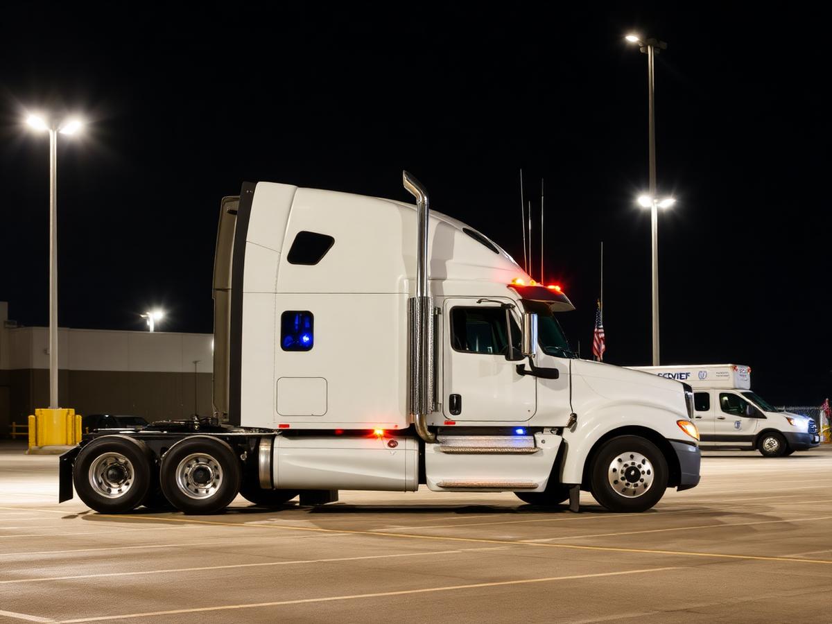 Semi truck parked under bright lot lighting at night